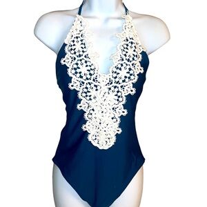 Elegant Navy Blue One Piece Swimsuit with White Lace